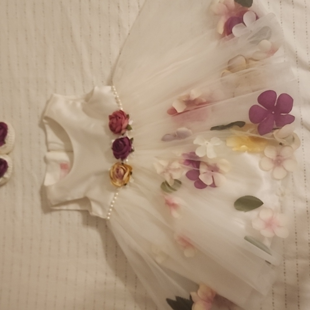 Fancy dress white with flowers and pearls,with matching shoes 6-9 M - Picture 2 of 4